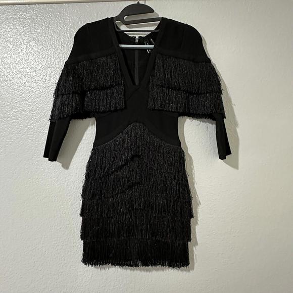 Marciano By Guess Black Mini Flapper Bodycon Fringe Plunge Dress XS Extra Small - Picture 1 of 11